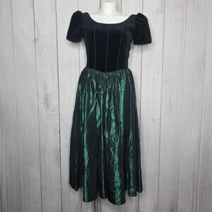 VTG 90s Laura Ashley Black Velvet Green Taffeta Gothic Maxi Dress - UK 16/US 12